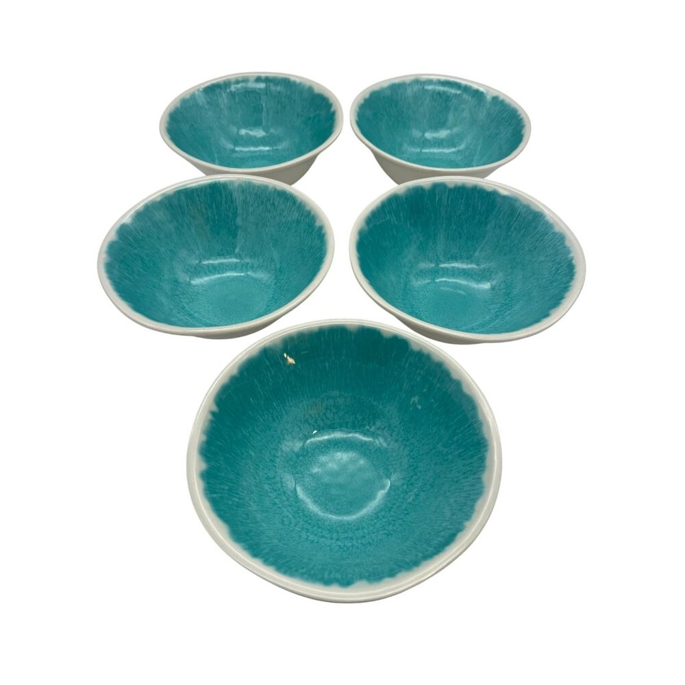 Set Of 5 Melamine Bowls 6.75" Diameter Aqua Interior White Exterior Unbranded